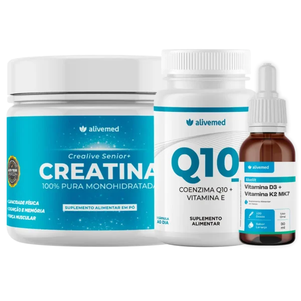Kit com 1 Crealive Senior + 1 Coenzima Q10 + 1 AliveVit D3+K2